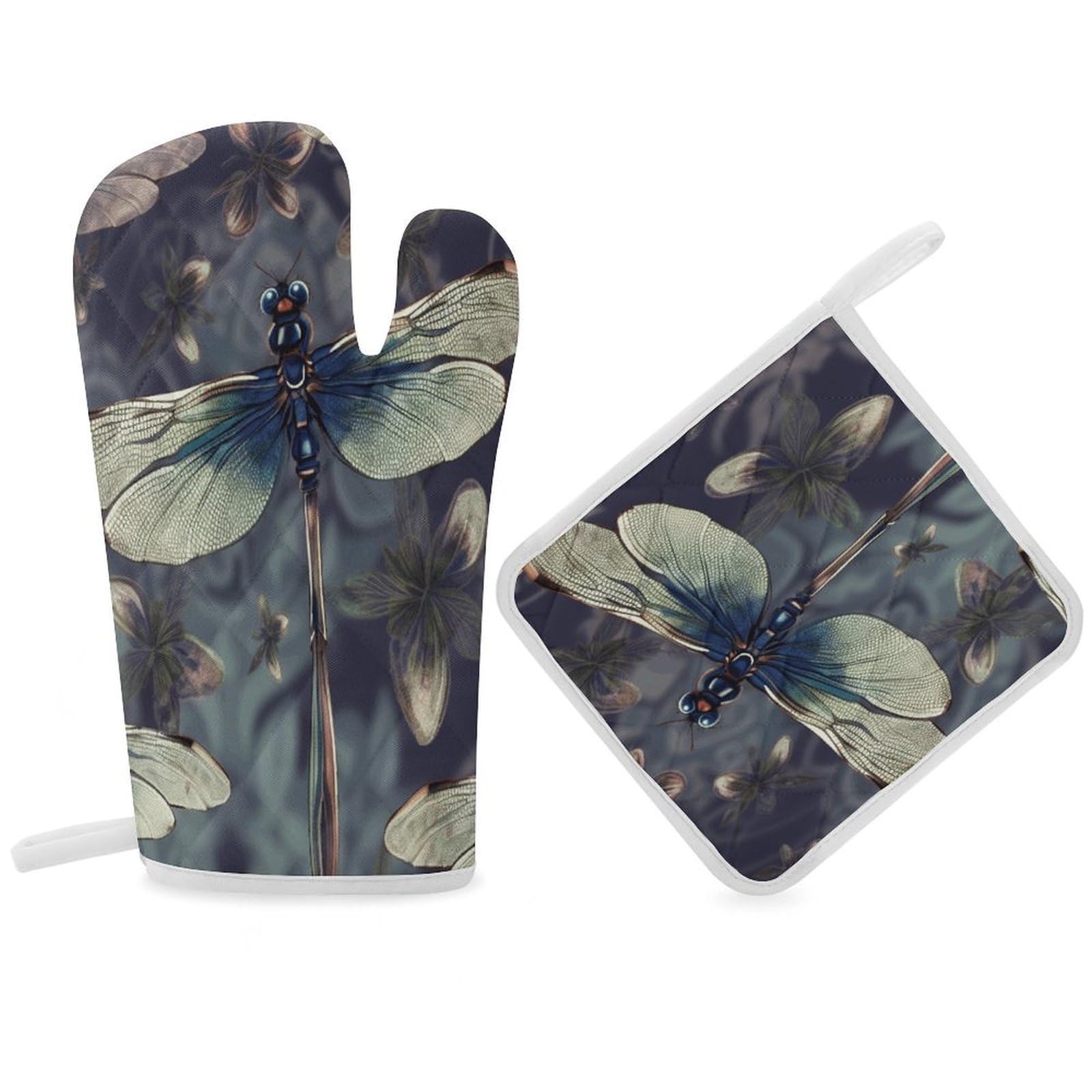 Fodpand Women's Style Dragonfly Pattern Oven Mitts And Pot Holders Sets,Oven Gloves For Kitchen Oven Mitts And Potholders For Baking Cooking Grilling Apartment Essentials
