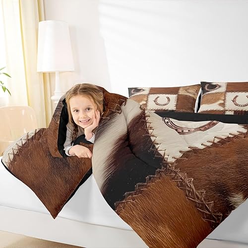 Miniatura 6 de Juego de ropa de cama de cuero vacuno occidental con estrellas de Texas doradas, juego de edredón de herradura con estampado de animales de granja,