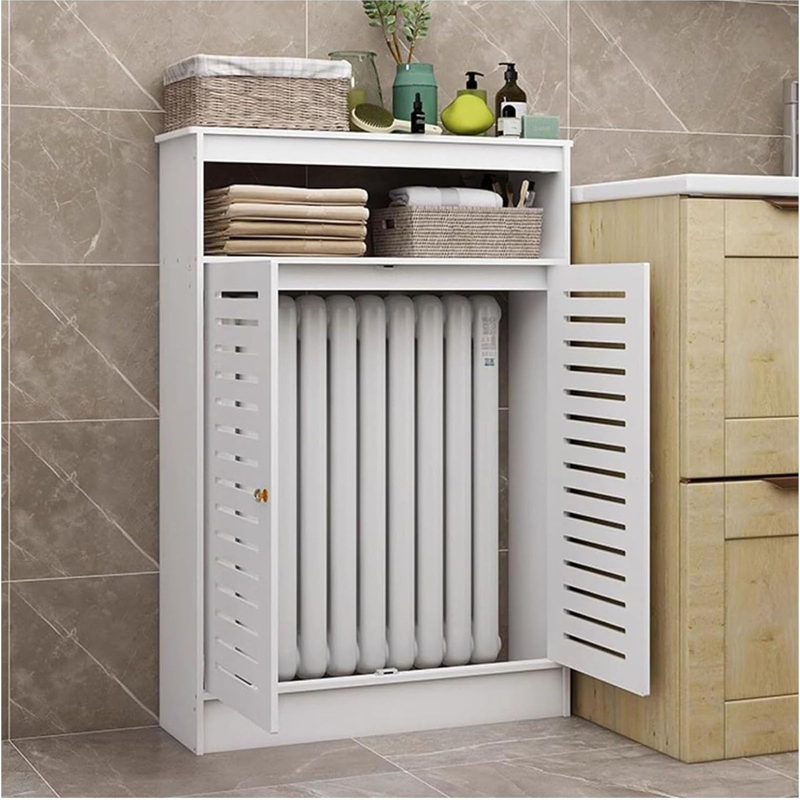 Cache-radiateur blanc en bois haut de gamme avec meuble de rangement 2 portes 80x100x20