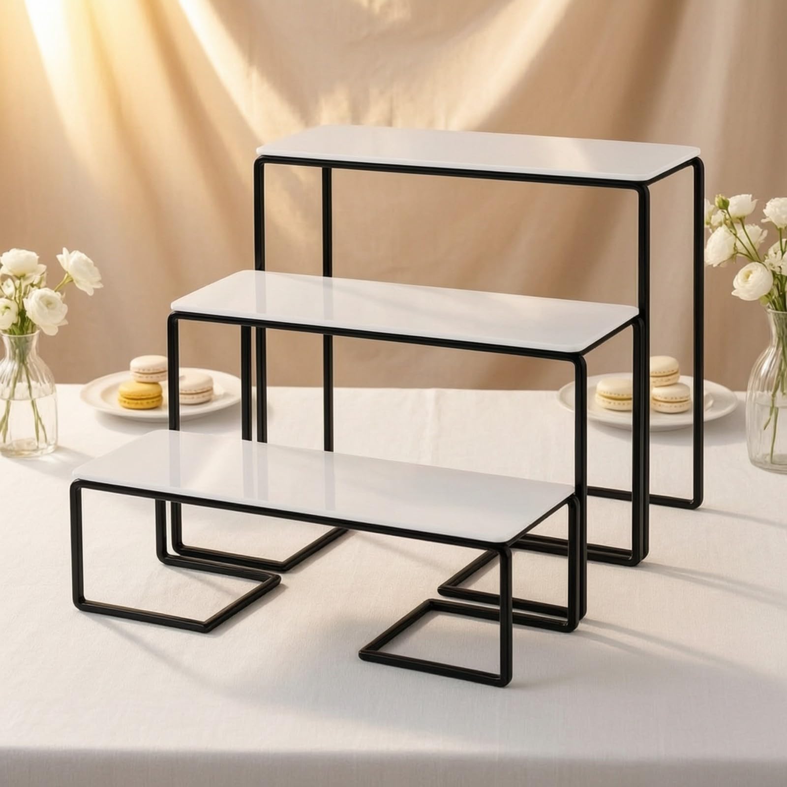 3 Piezas Soporte Postres Escalonado Rectangular Reutilizable Bandeja Servir Rectangular Multifunción para Cumpleaños, Dorado, Rectangular 3-Piezas