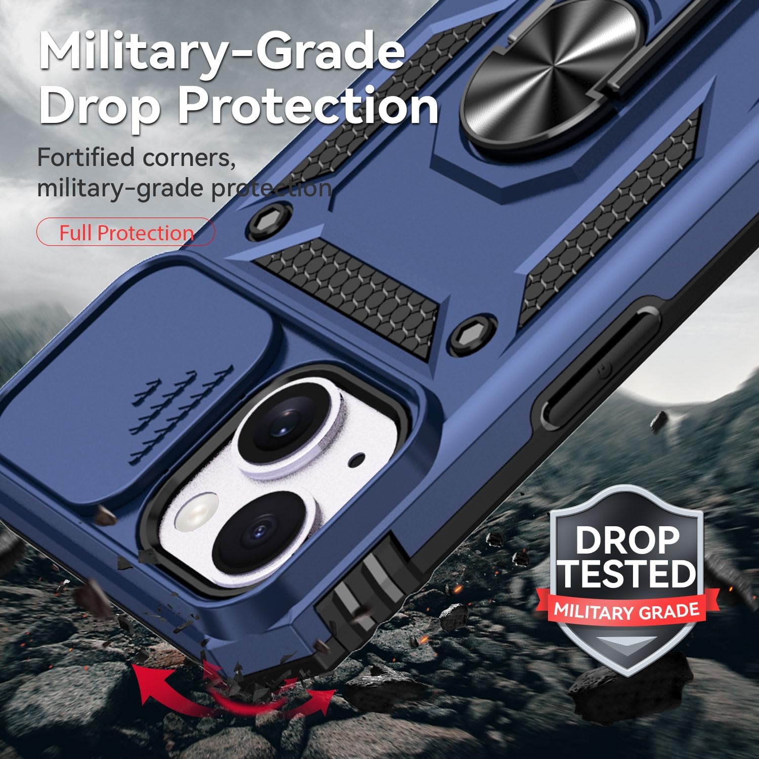 SunStory Compatible with iPhone 14 Plus Case with HD Screen Protector & Slide Camera Cover & Rotated Ring Kickstand, [Military-Grade] Phone Case for iPhone 14 Plus (Blue) - Image 7