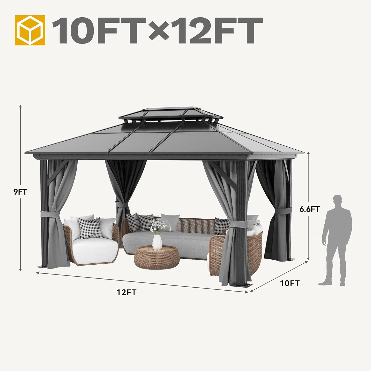 DWVO 10x12ft Gazebo Hardtop Double Roof Polycarbonate Canopy Outdoor with Netting and Shaded Curtains, Aluminum Frame Garden Tent for Patio, Backyard, Deck and Lawns, Gray
