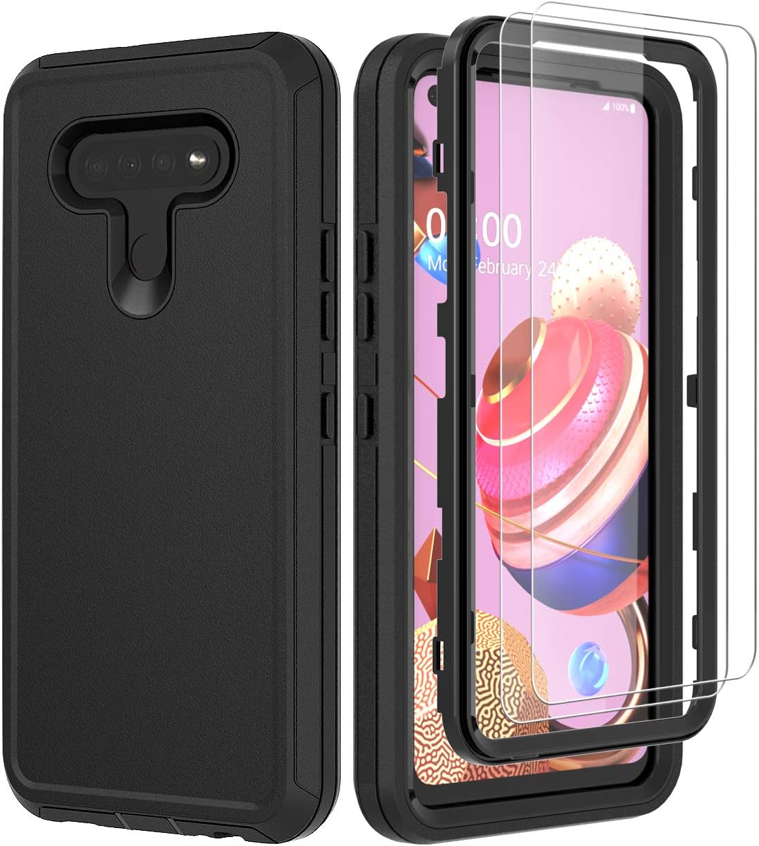 ComoUSA Compatible with LG K51 Case, with HD Screen Protector (2 Packs) Rugged Heavy Duty and Shockproof Proof 3-Layer Durable Cover for LG K51 Phone (Black)