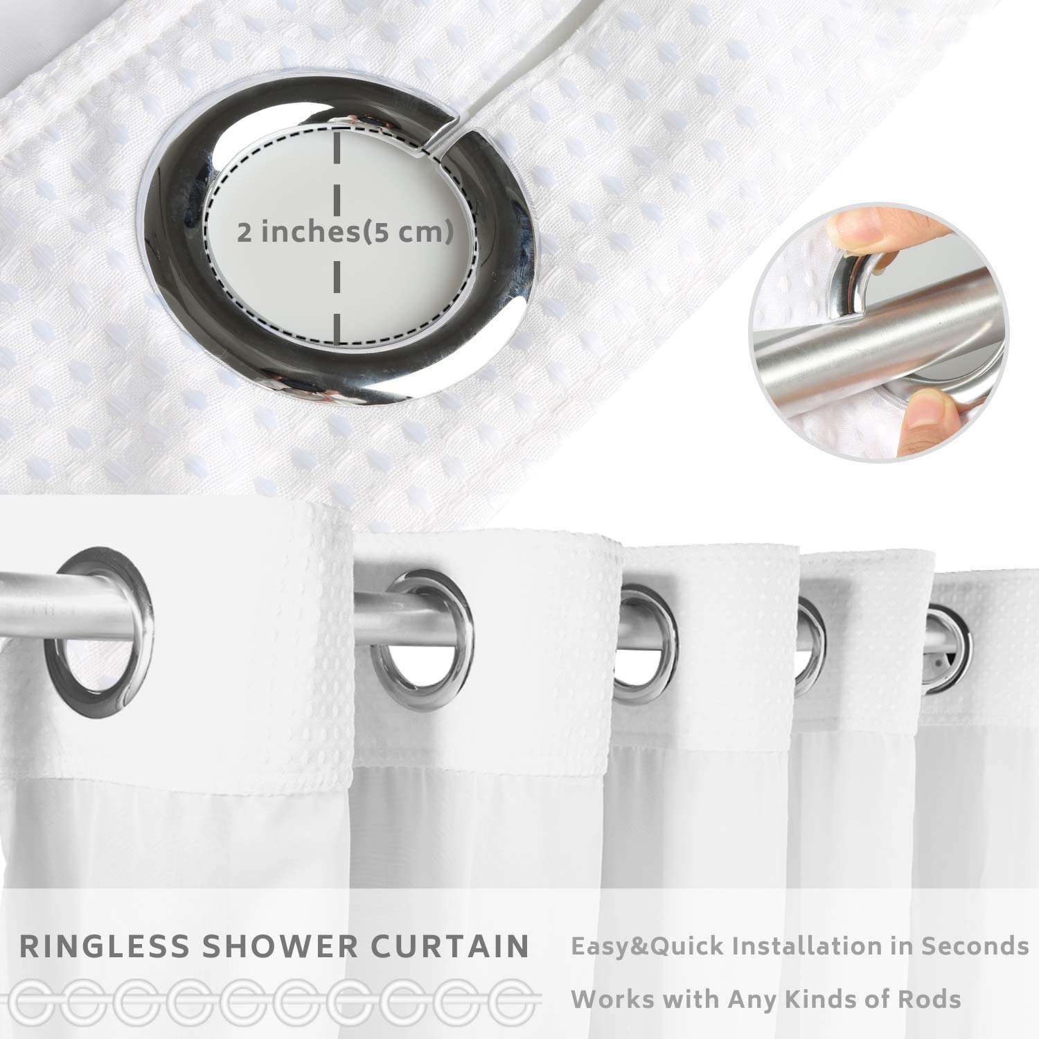 Rideau de douche en tissu gaufré blanc sans crochets avec doublure amovible en polyester – Rideau de bain très résistant avec dessus transparent, lavable en machine – 180 x 188 cm