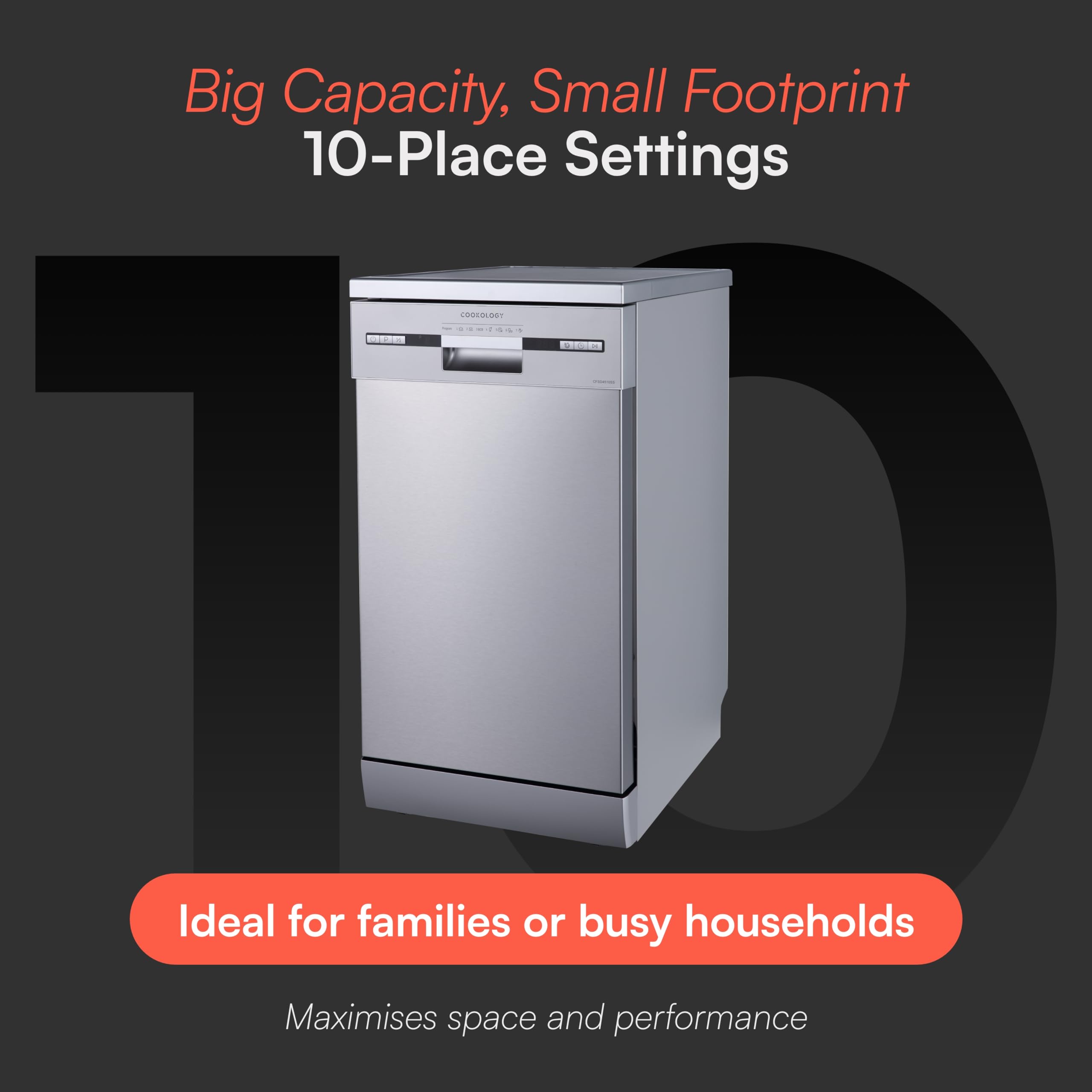 Cookology CFSD4510SS 45cm Wide Freestanding Slimline Undercounter Dishwasher, 6 Programme Settings with Eco Mode, 10 Place Settings - in Stainless Steel — view 5