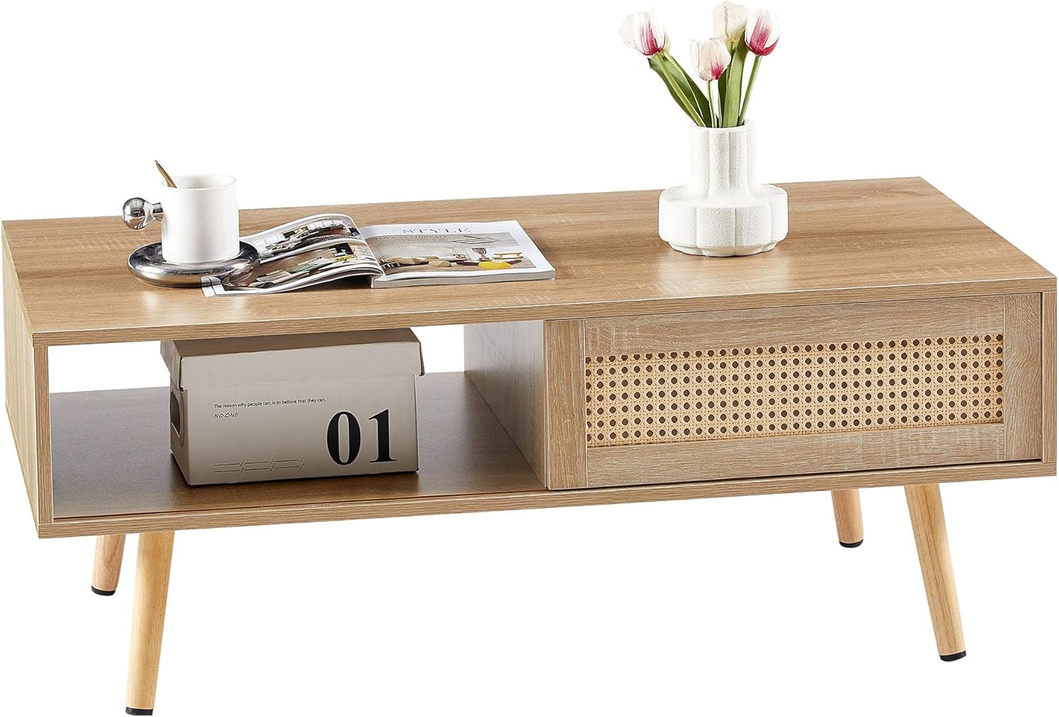 IANIYA Modern Coffee Table with Storage, 41.3 Inch Rectangle Wooden Accent Center Sofa Table with Sliding PE Rattan Woven Door