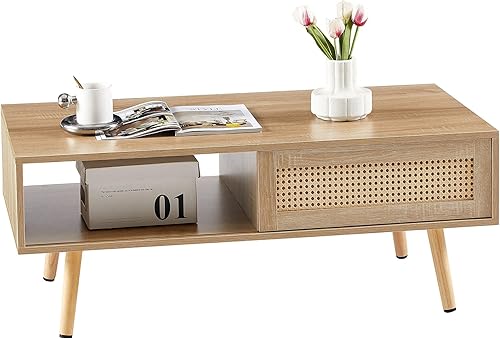 Miniatura 4 de IANIYA Mesa de centro moderna con almacenamiento, mesa rectangular de 41.3 pulgadas con centro de madera con puerta corrediza tejida de ratán PE