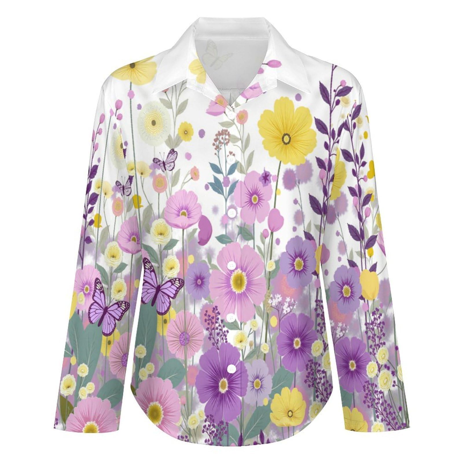Camicia a Donna Manica Lunga Fiori Selvatici Farfalle Blusa Moda