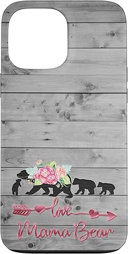 Funda rústica gris vintage para iPhone 13 Pro Max con diseño floral y negro Mama Bear tres cachorros