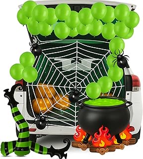 Soulchen 32 Pcs Halloween Witch Trunk or Treat Car Decor Kit Witch Cauldron Banner Inflatable Legs Fake Campfire Camping Balloon Prop Yard Halloween Wizard Garage Trunk or Treat Car Supplies