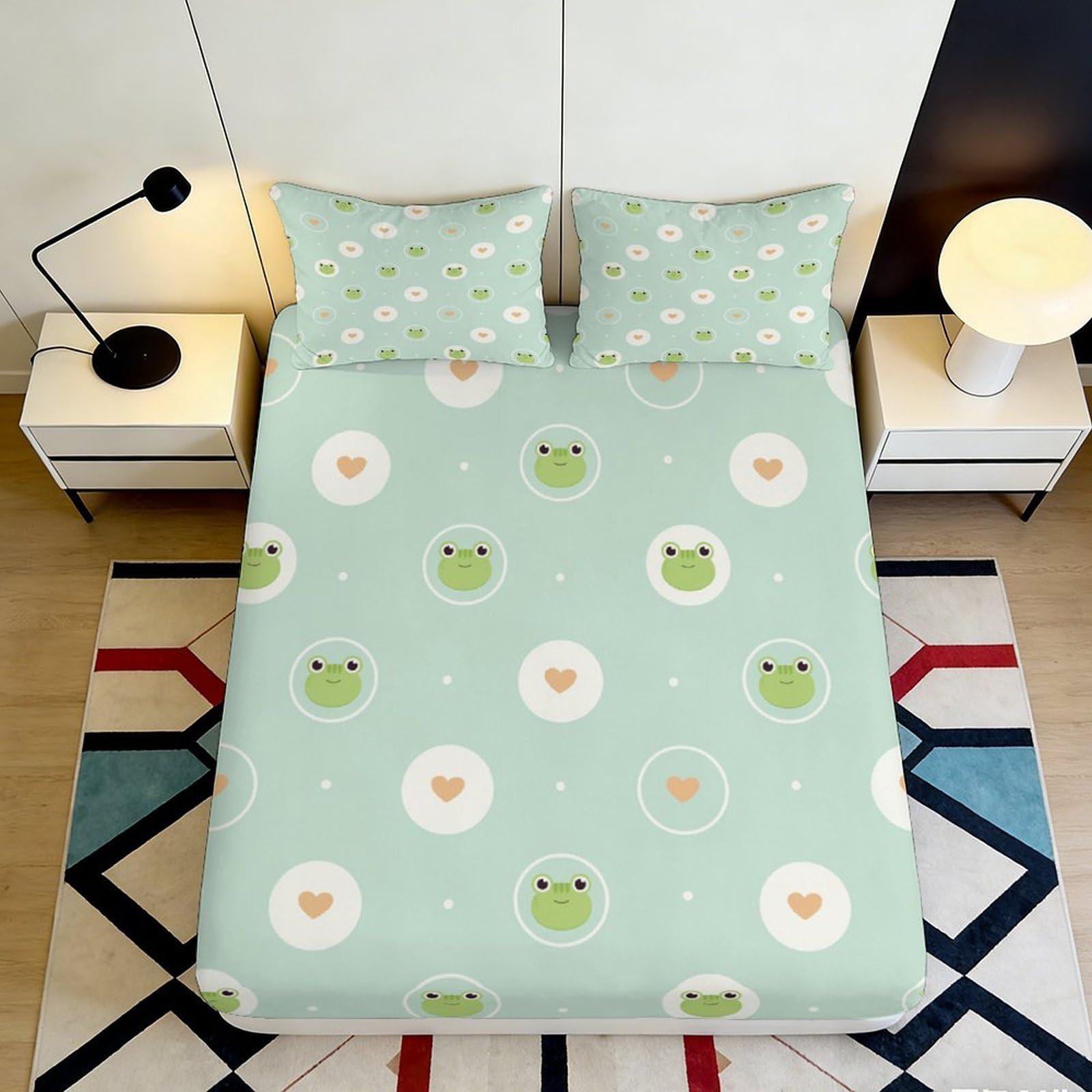 3D Printed Frog Cartoon Fitted Sheet Microfiber Soft Green Daisy Bed Cover for Bedroom Guest Room Decor 90x200x25cm