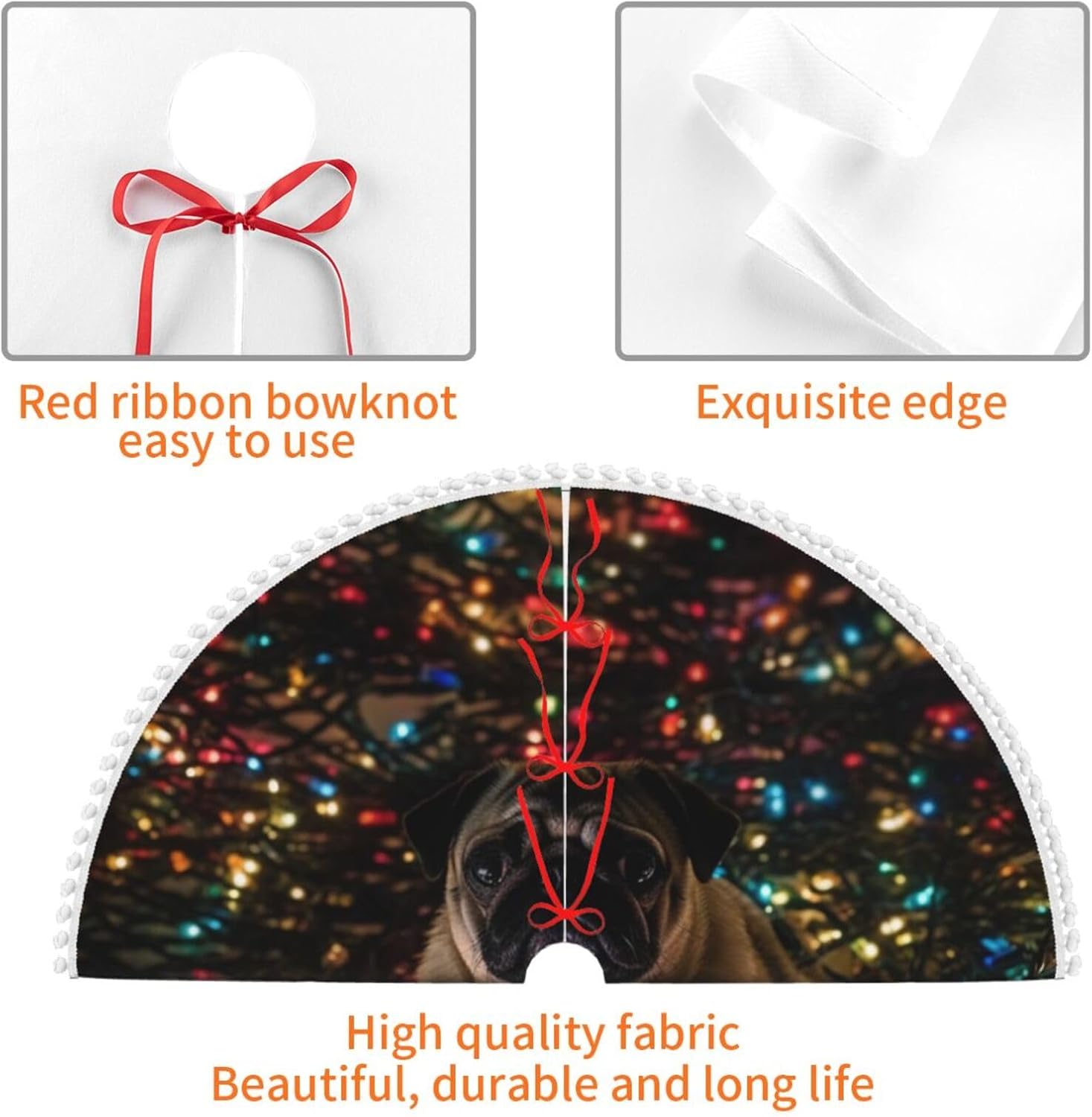 Christmas Tree Skirt Christmas Lights with Pug Xmas Tree Skirt Christmas Decorations Christmas Tree Mat Christmas Tree Skirts Xmas Decorations for Indoor Holiday Party Decor