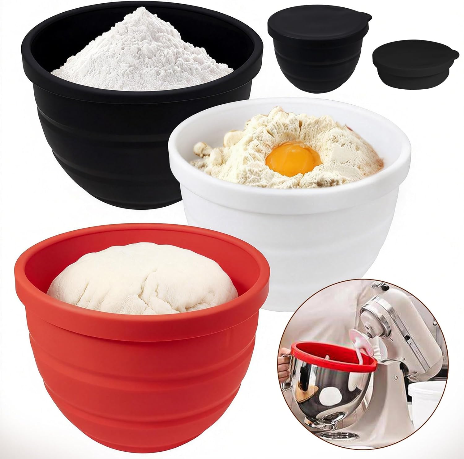 Silicone Liners for KitchenAid 5 Qt Tilt - Head Stand Mixer - Odorless, Thicker, Heat/Cold - Resistant & Non - Stick, Set of 3 with Lids