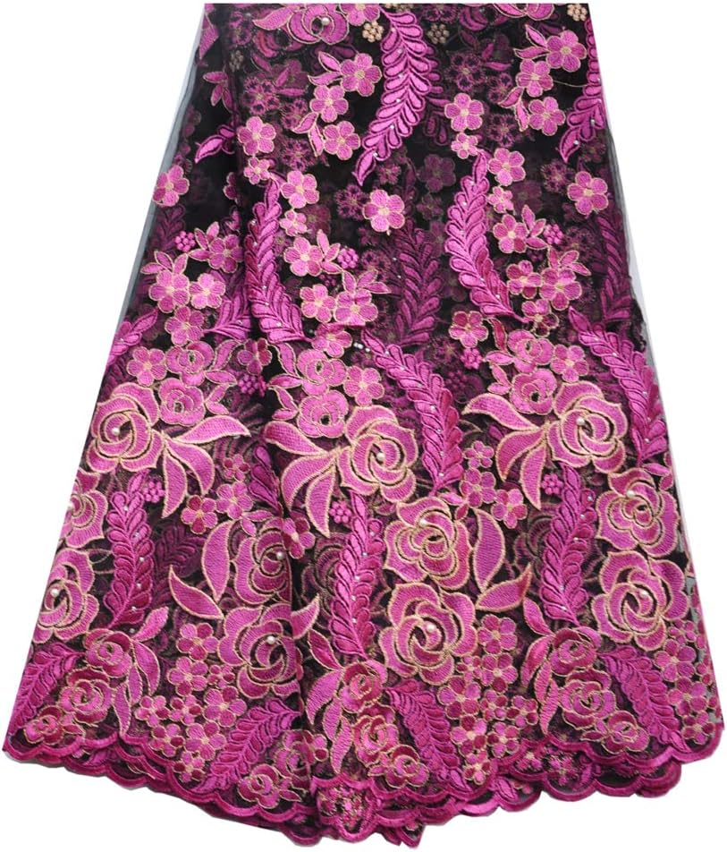 SanVera17 African Lace Net Fabrics Nigerian French Fabric Rope Embroidered and Manual Beading Guipure Cord Lace for Party Wedding 5 Yards (Rose)