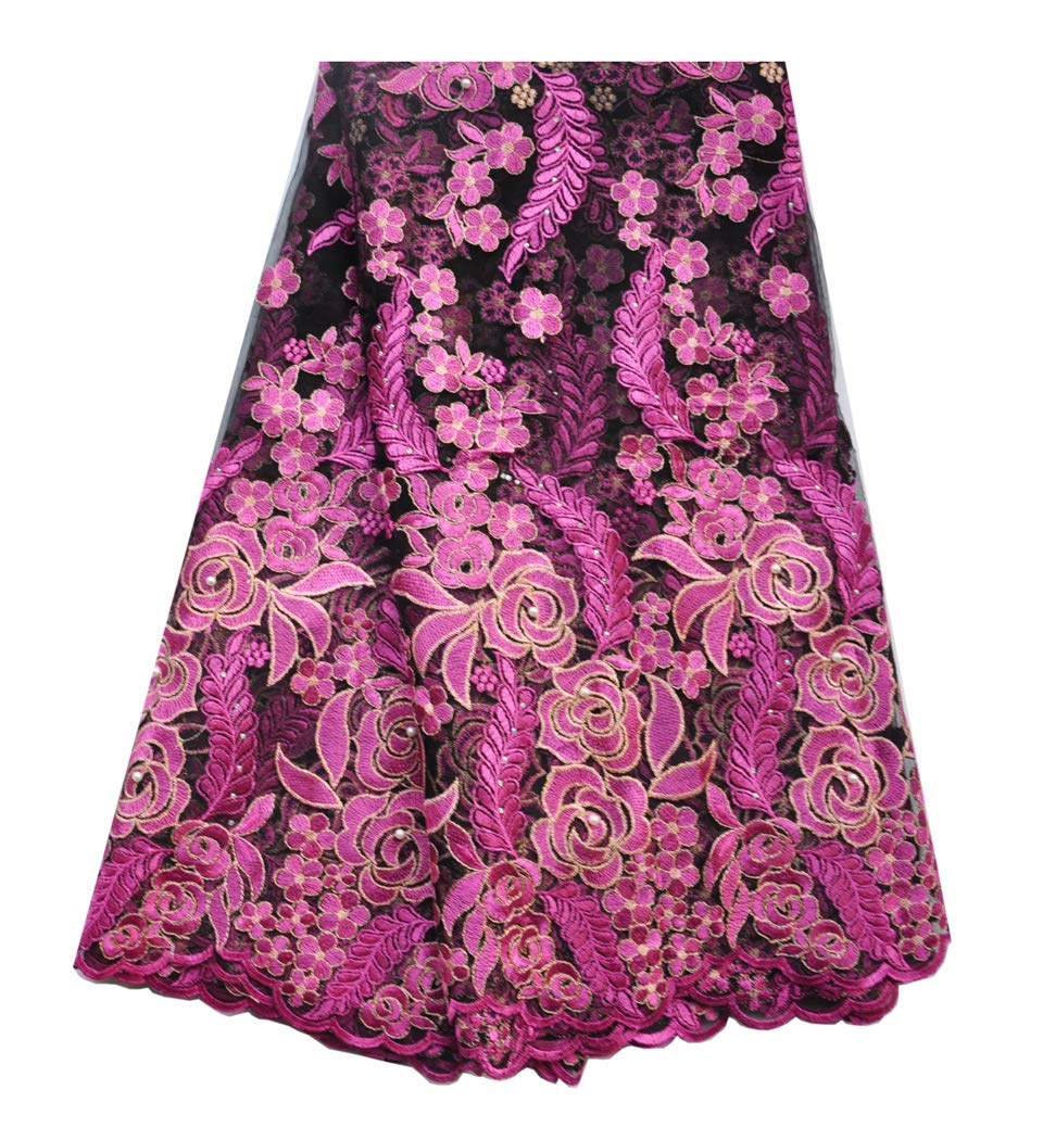 SanVera17 African Lace Net Fabrics Nigerian French Fabric Rope Embroidered and Manual Beading Guipure Cord Lace for Party Wedding 5 Yards (Rose)