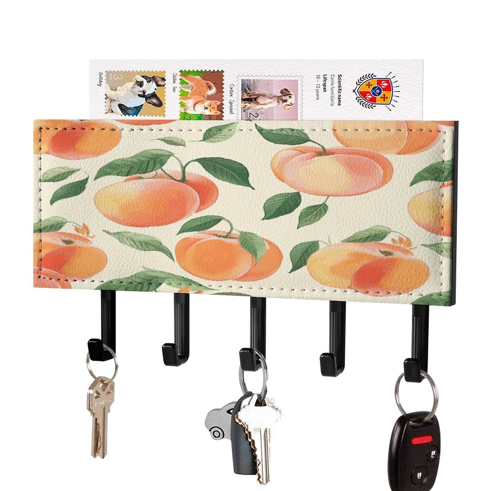 JTREHY Peach Key Holder Wall Mount Decorative Key and Mail Holder PU Leather Adhesive Key Organizer Hanging Key Hooks Wall Shelf with 5 Hooks for Entryway Hallway Office