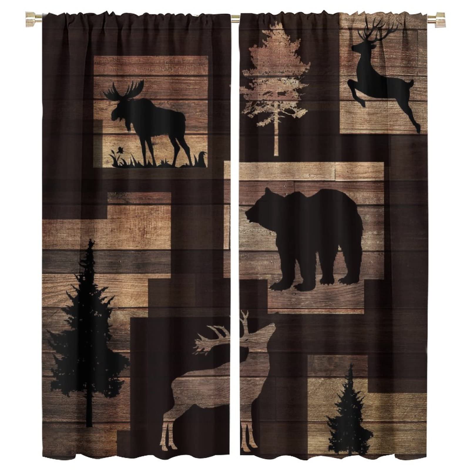 Rustic Lodge Cabin Rod Pocket Blackout Curtains - Abstract Vintage Jungle Wildlife Elk Deer Tree Bear Window Treatment Set Energy Saving Thermal