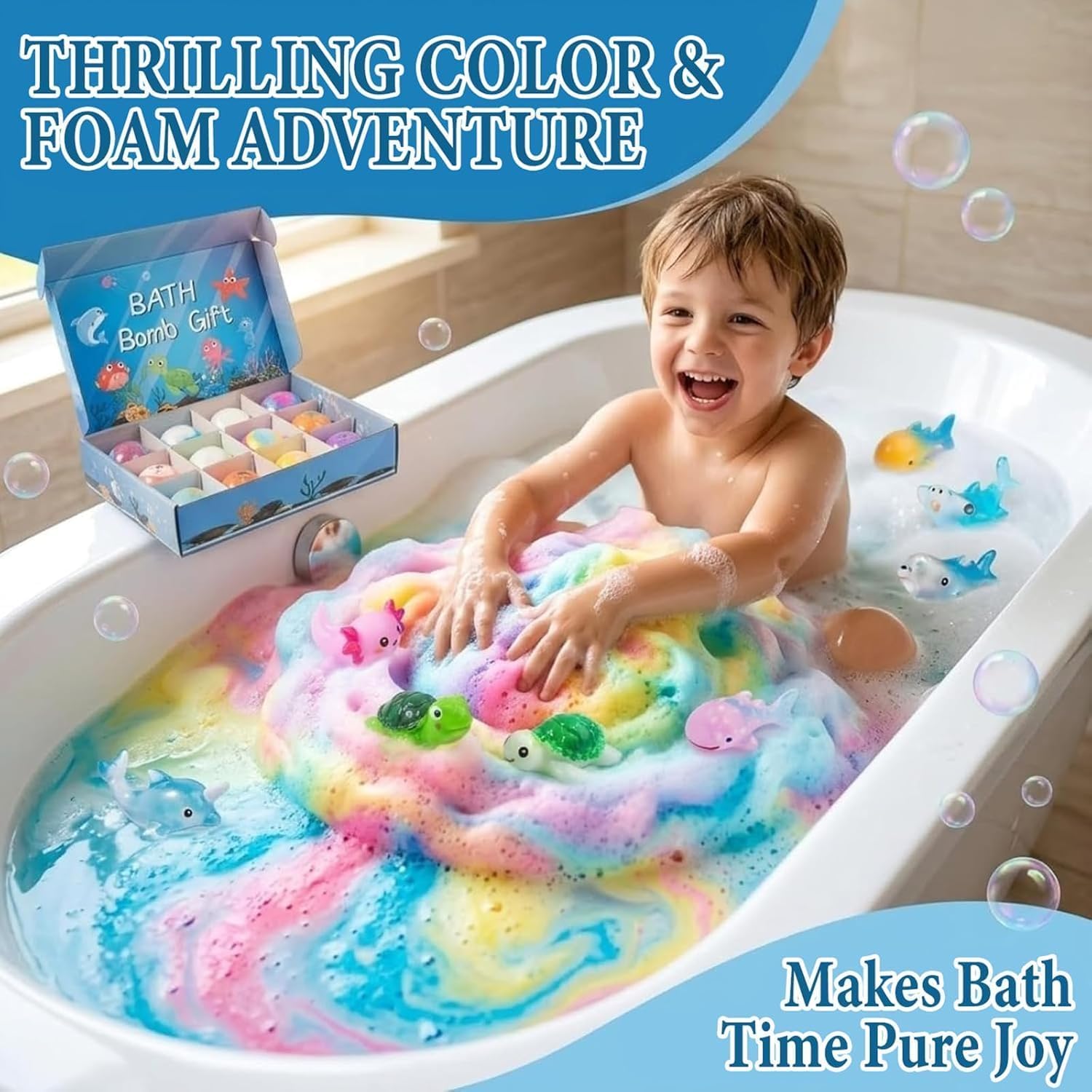 STOAT Bombe da Bagno Bambini con Sorpresa, 12Pz Scatola Regalo con Giocattoli, Naturali Bio, Schiuma Bagno Delicata per Ragazzi