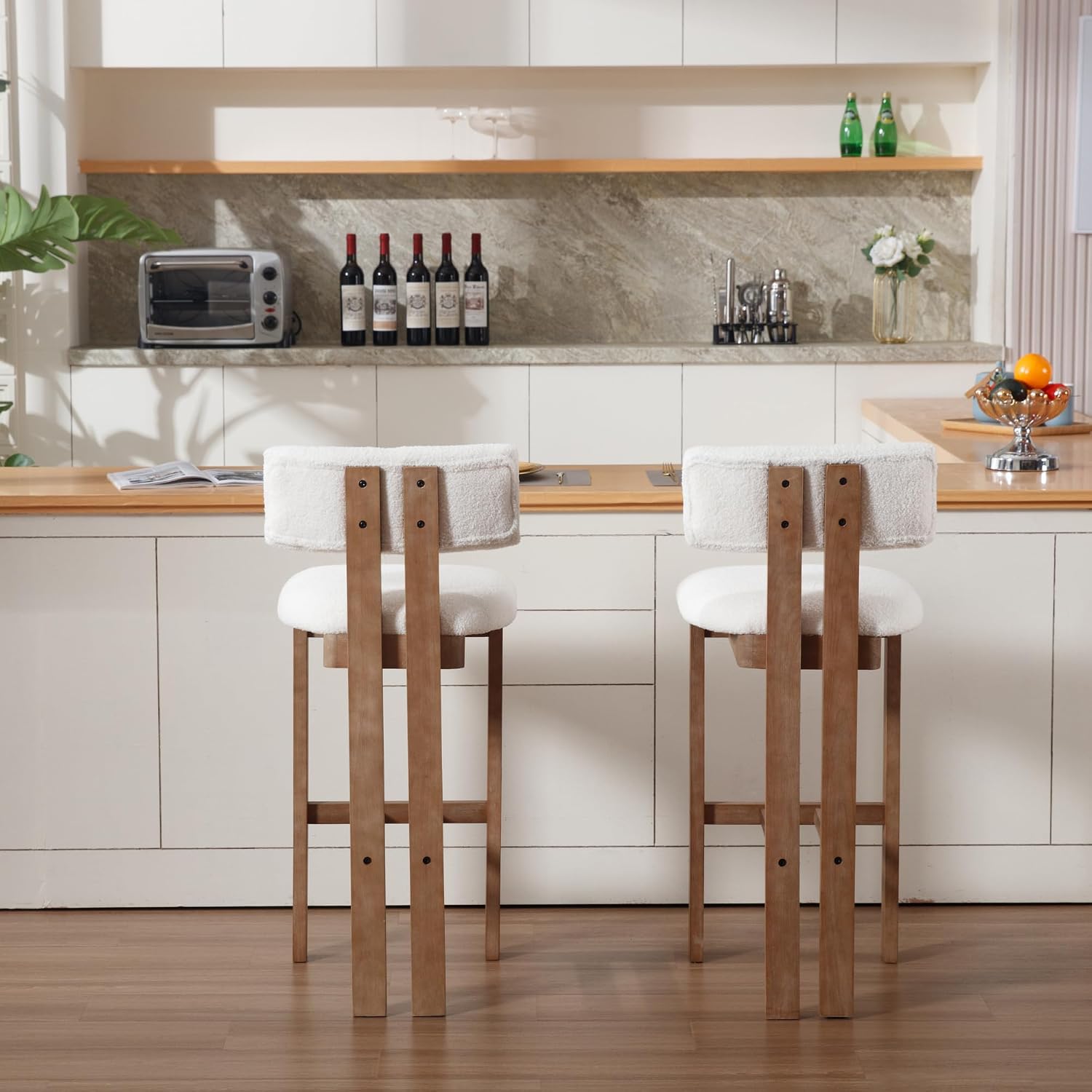 Shunzhi Upholstered Farmhouse Bar Height Bar Stools Set of 2 White Sherpa Barstools with Back/Solid Wood Legs, Modern Tall Bar Chairs for Kitchen Island/Home Bar/Pub, 30 Inch