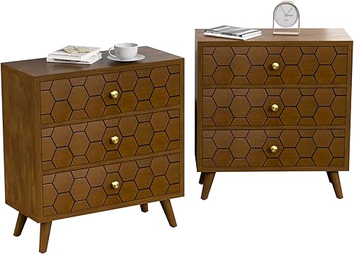 Miniatura 48 de COSIEST Mesita de noche, mesa auxiliar rústica con 3 cajones, mesita de noche de madera vintage con patas sólidas, mesa auxiliar moderna para Patrón