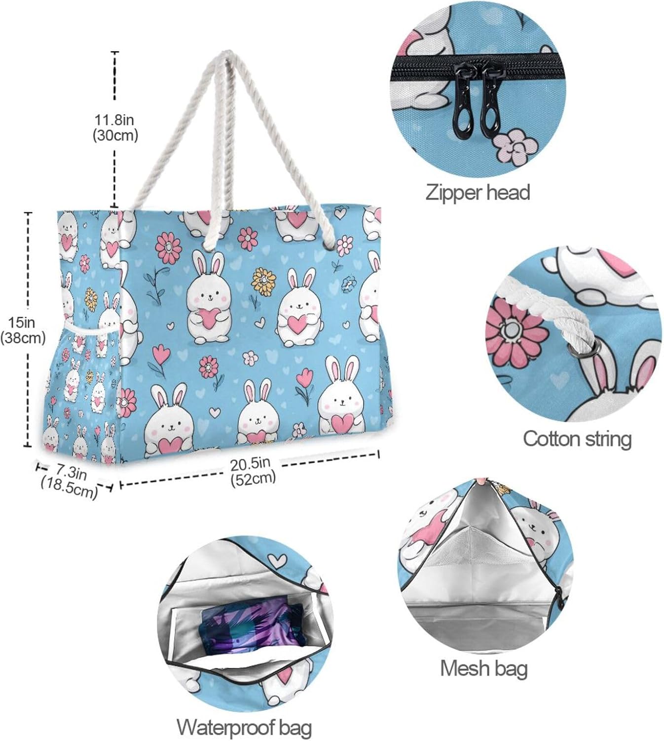 OTVEE White Rabbit and Pink Flower Pattern Beach Bags for Women Ladies Large Canvas Tote Shoulder Bag Waterproof Travel Bags for Gym Swim Pool Camping