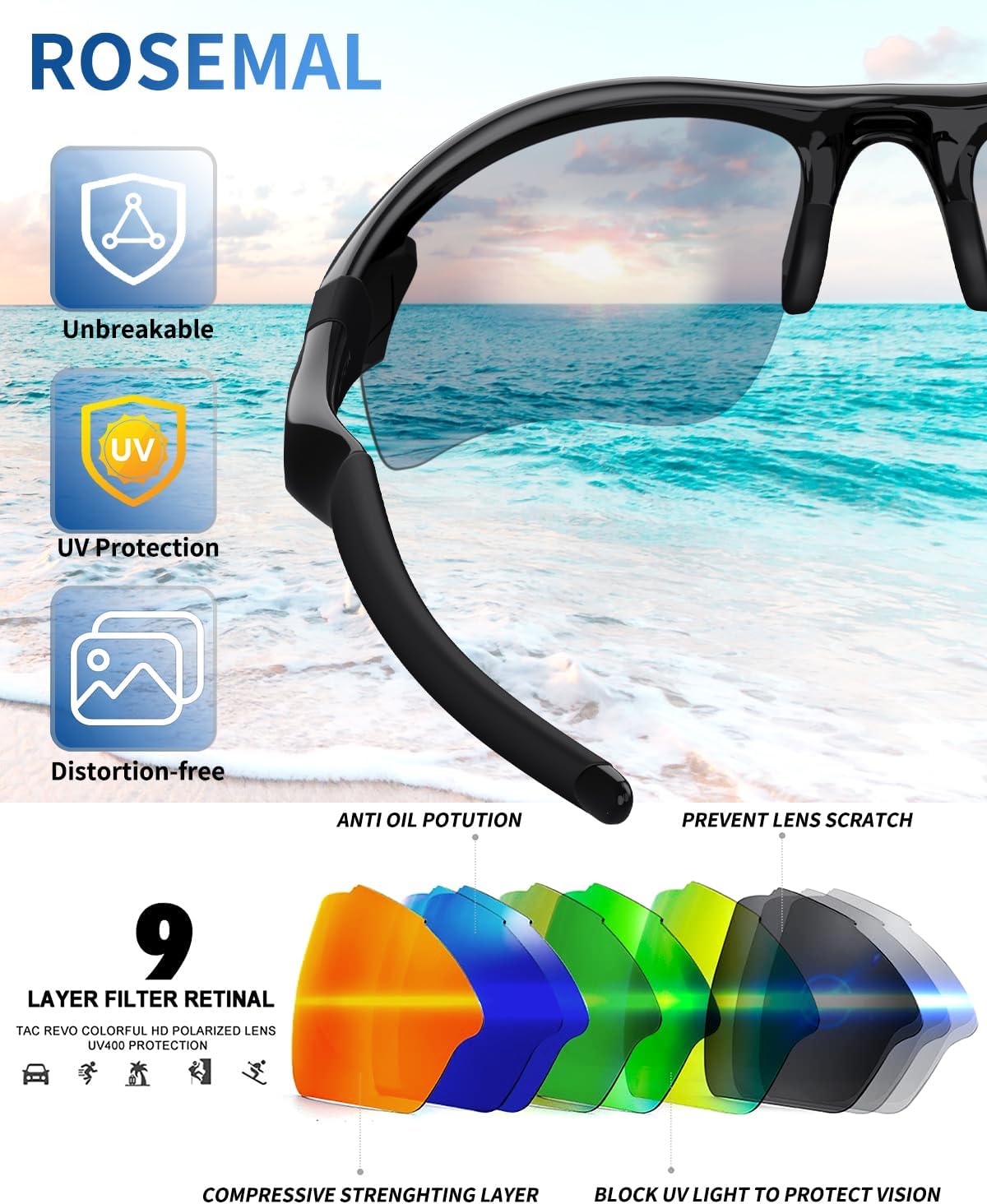 Rosemal Polarized Sunglasses for Men Women Running Sunglasses Sports Cycling Driving Fishing Baseball Golf TAC UV400 TR90 - Image 2