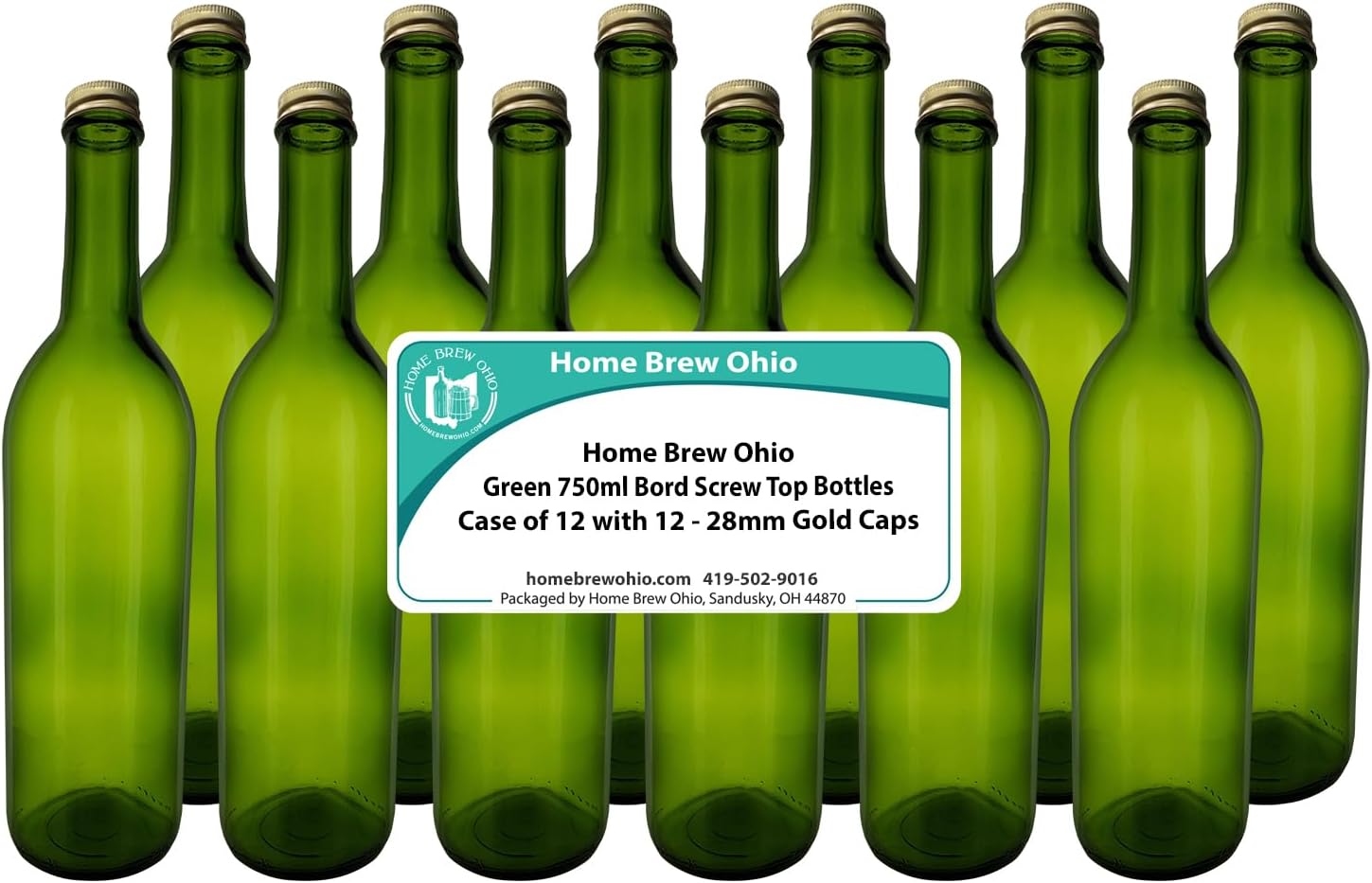 Home Brew Ohio 750ml Green Screw Cap Wine Bottles w/28mm Gold Metal Screw Caps