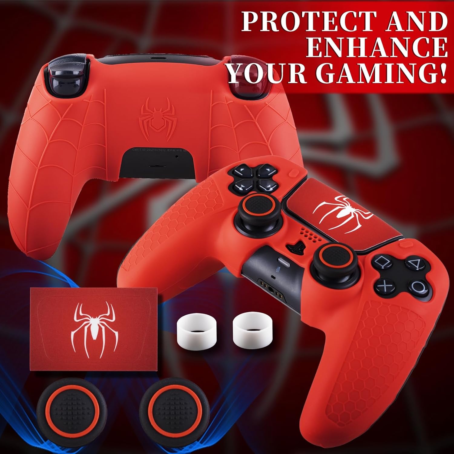 Non-Slip Silicone Cover for PS5 Controller with Thumbstick Caps x 2 & Sticker x 1(Spider Red) - Image 7