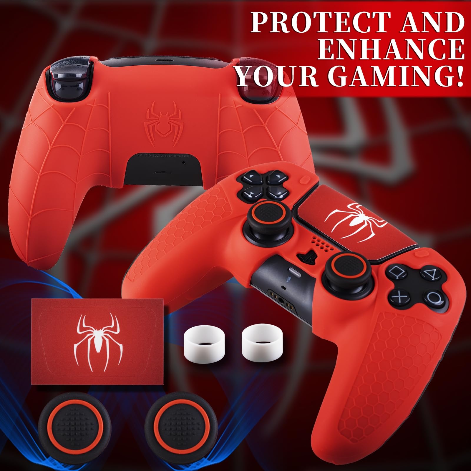 Coque en silicone antidérapante pour manette de PS5 avec 2 capuchons de joystick et 1 autocollant 1 araignée écarlate