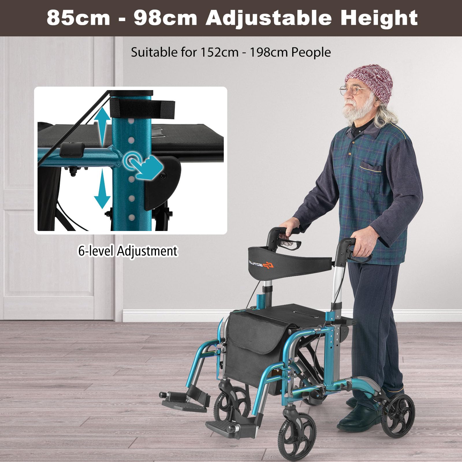 HOMASIS Andador para Ancianos con Asiento, Caminadores para Adultos de Aluminio,136 kg, Ajustables de 6 Niveles, Soporte para Bastón/Paraguas, Tacataca Plegable para Personas Mayores (Azul Marino)