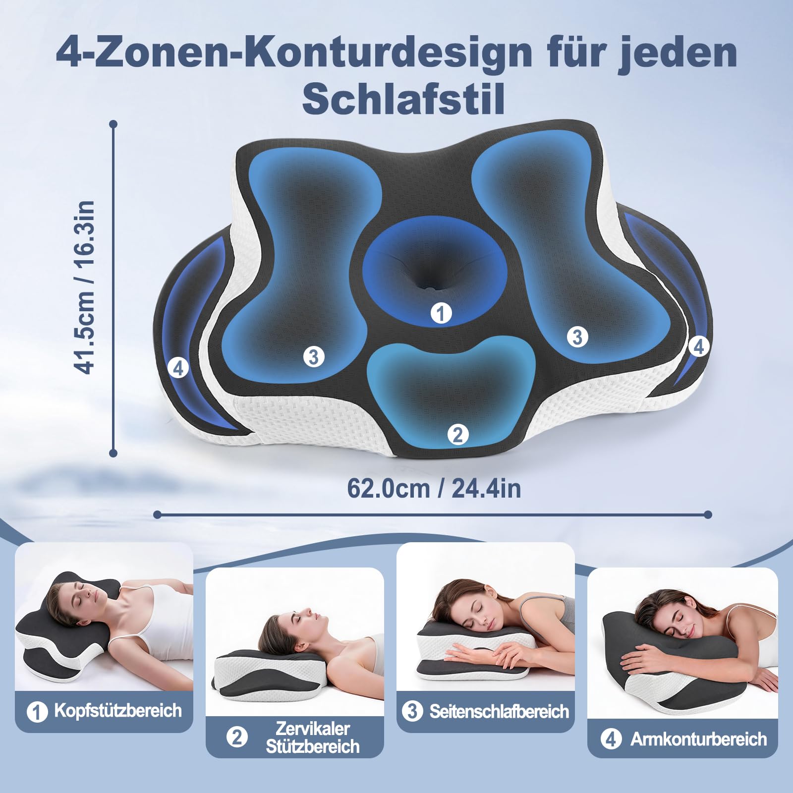 Almohada cervical ergonómica, ortopédica, espuma viscoelástica y mariposa | Con funda de almohada transpirable, extraíble, para dormir de lado, espalda y boca abajo