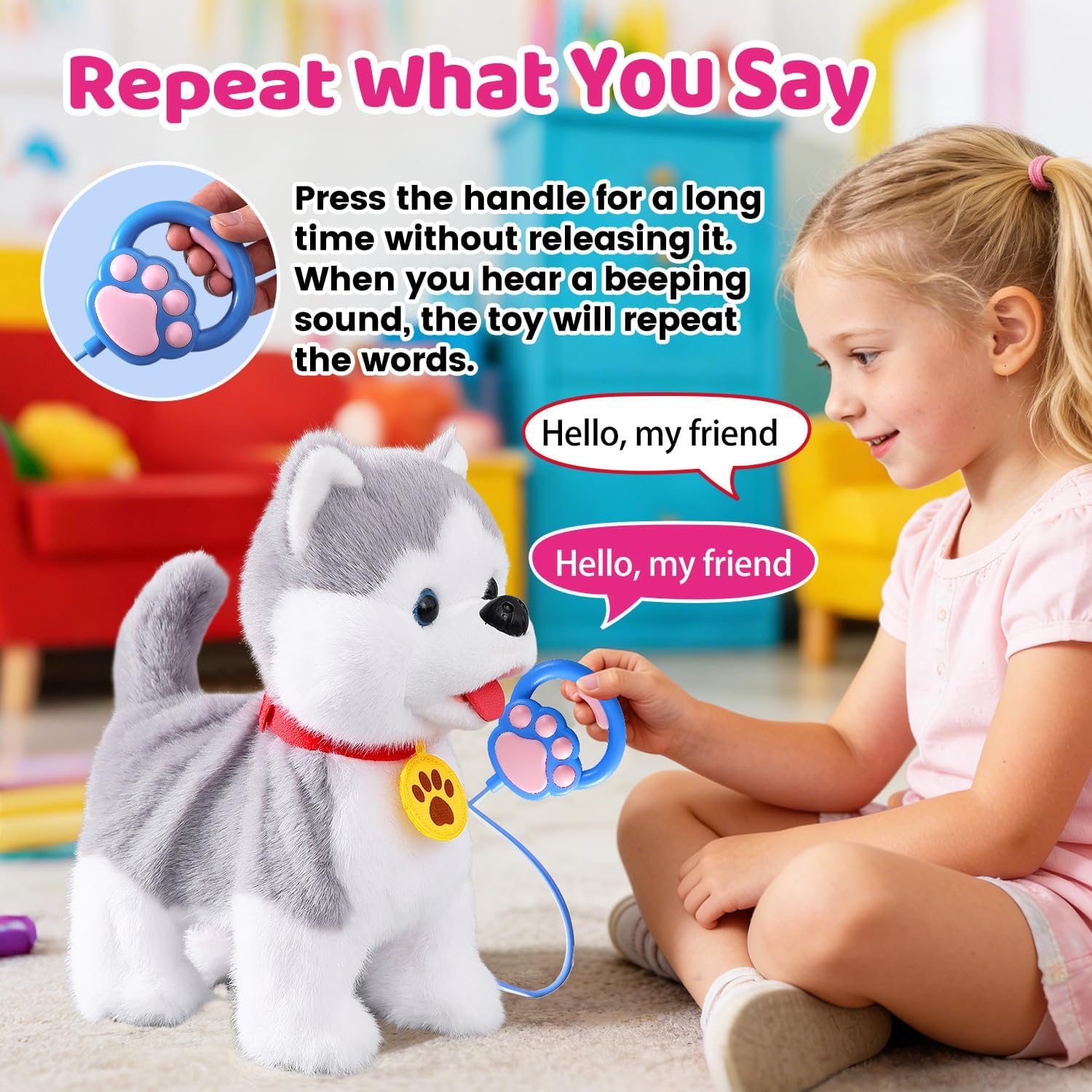HCdoujoy Walking Barking Singing Husky Puppy Toy, Repeats What You Say, Realistic Licking Tongue Wagging Tail Mechanical Dog with Touch or Voice Control, Interactive Music Dancing Plush Pet for Kids