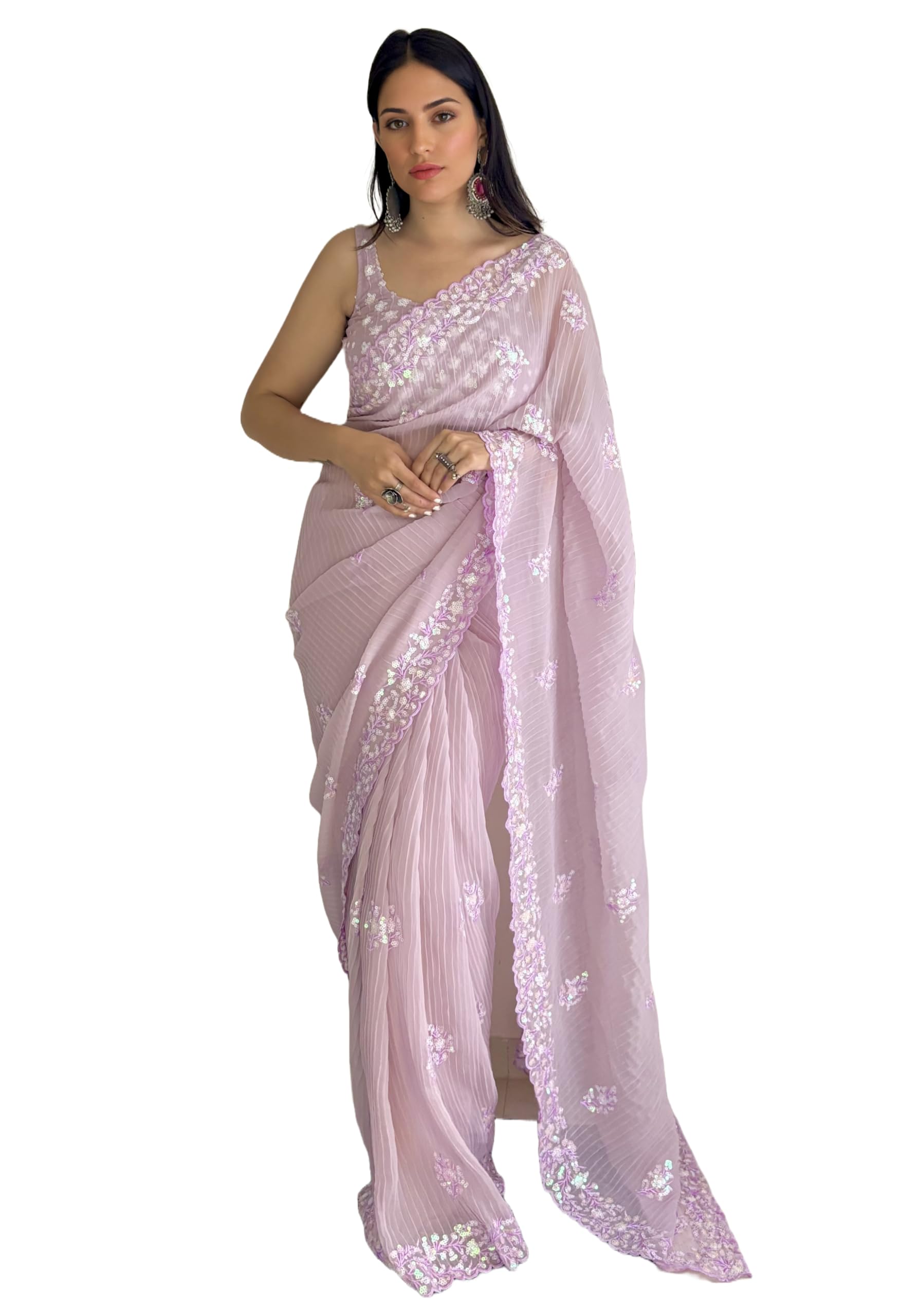 Women's Crushed Sequence Georgette Saree With Unstitched Blouse.-image-27