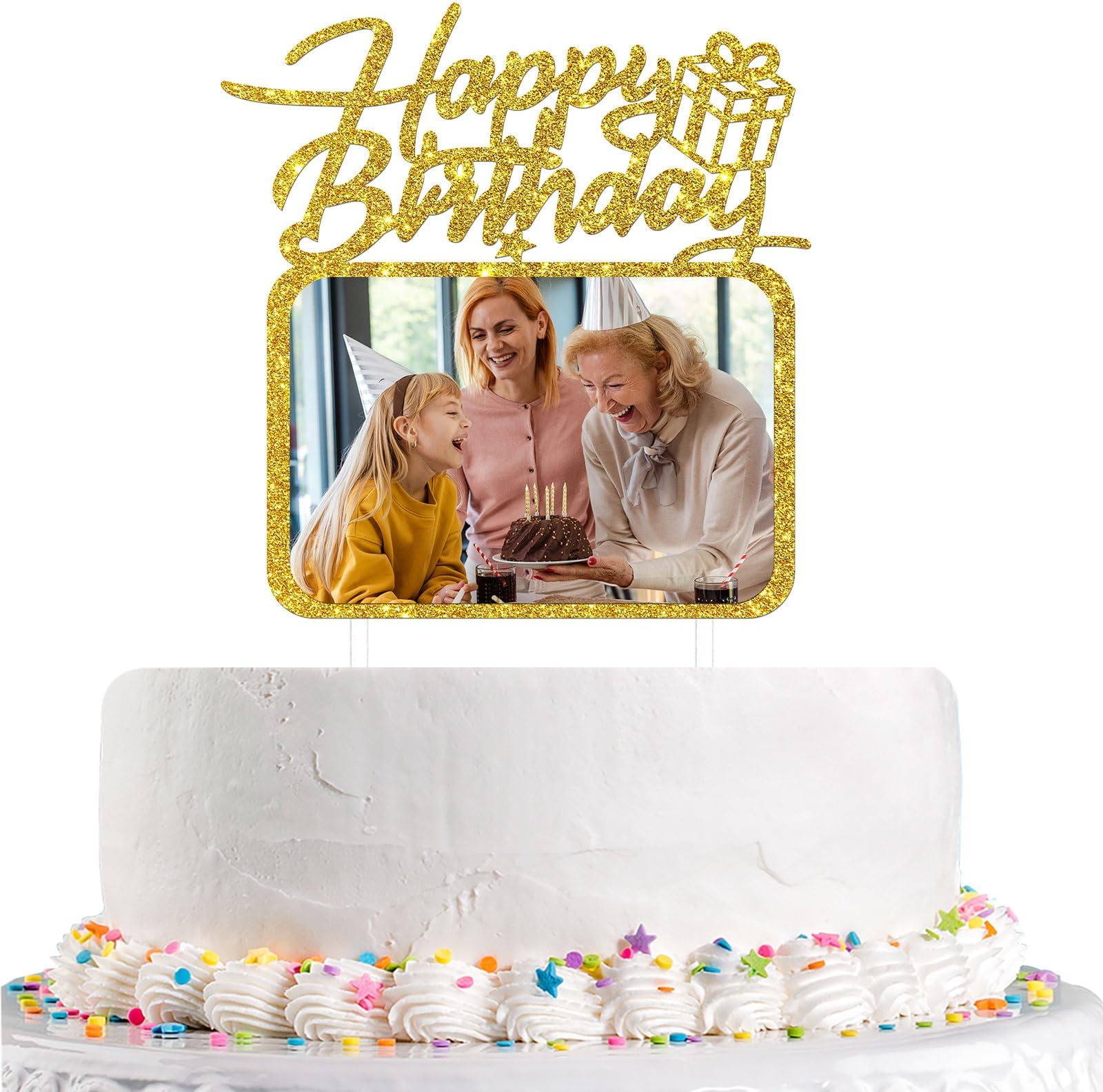 Happy Birthday Cake Topper with Photo Frame, Girl Boy Woman Man Birthday Photo Picture Cake Topper, Anniversary Party Cake Decorations Gold Glitter