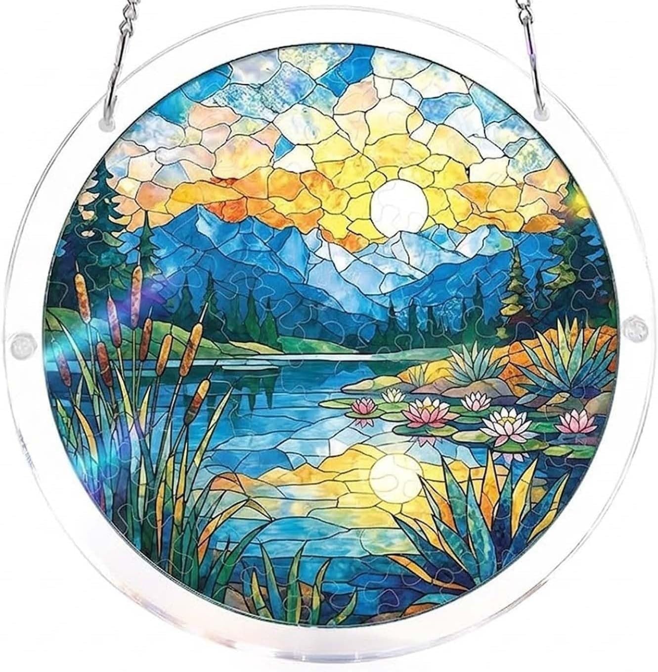Lake Sunset, Acrylic Jigsaw Puzzles Suncatcher, 8.9 Inch Window Hanging Suncatcher Acrylic Puzzle, DIY Home Decor Art Gift