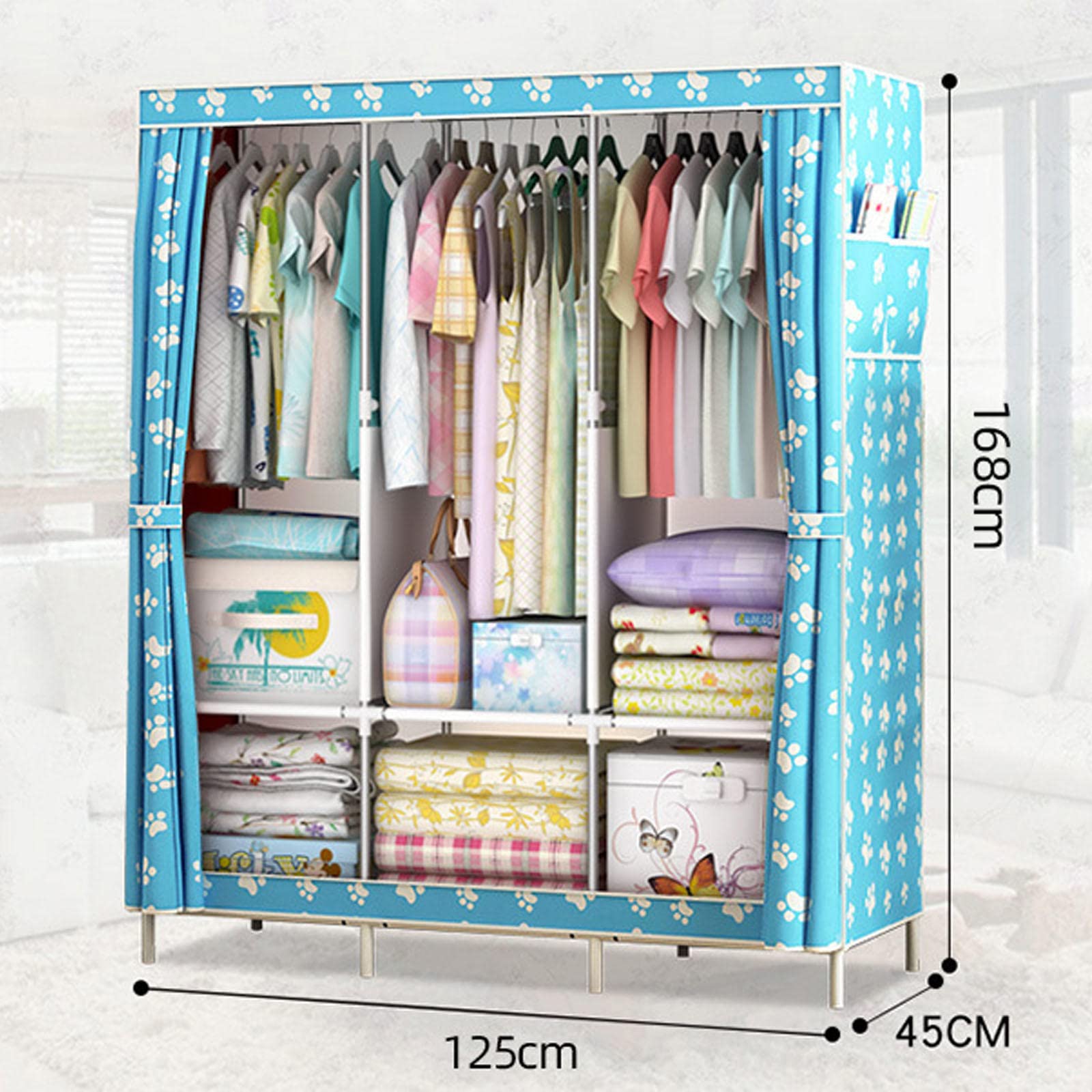 Tragbarer Kleiderschrank aus Segeltuch mit Kleiderstange, Regalen und Seitentaschen, Faltbarer Kleiderschrank aus Stoff für Kleidung und Taschen in Rosa, 125 x 45 x 168 cm