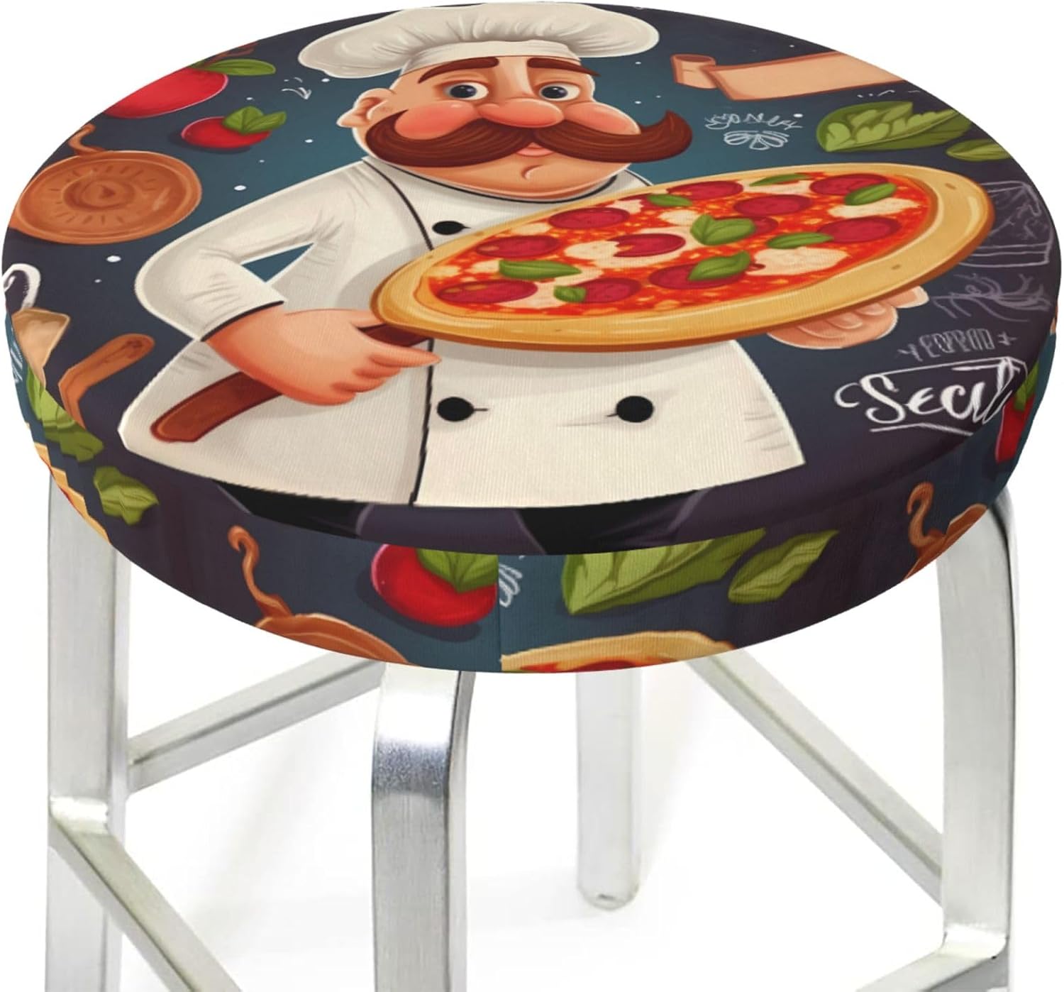 Bar Stool Cover Round Elastic Stool Cushion Covers Chef Pizza Bar Chair Cover Washable Stool Cushion Slipcover Stretch Stool Seat Covers for 12-14 Inch Chair