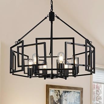 6-Light Black Chandelier Over Table, Modern Farmhouse Chandelier for Dining Room, Industrial Geometric Drum Hanging Light Fixture for Living Room, Bedroom, Kitchen Island, Entryway