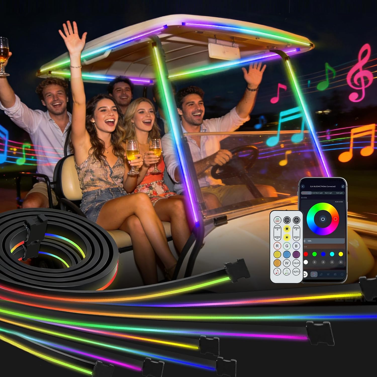 Roykaw 8PCS FCOB Golf Cart Canopy LED Light Strips,ATV/UTV Lights, Dream Color,12-80V, Dimmable & Uniform Lighting Effect, Multi Color/Sync Music/APP Remote Control, IP67 Waterproof