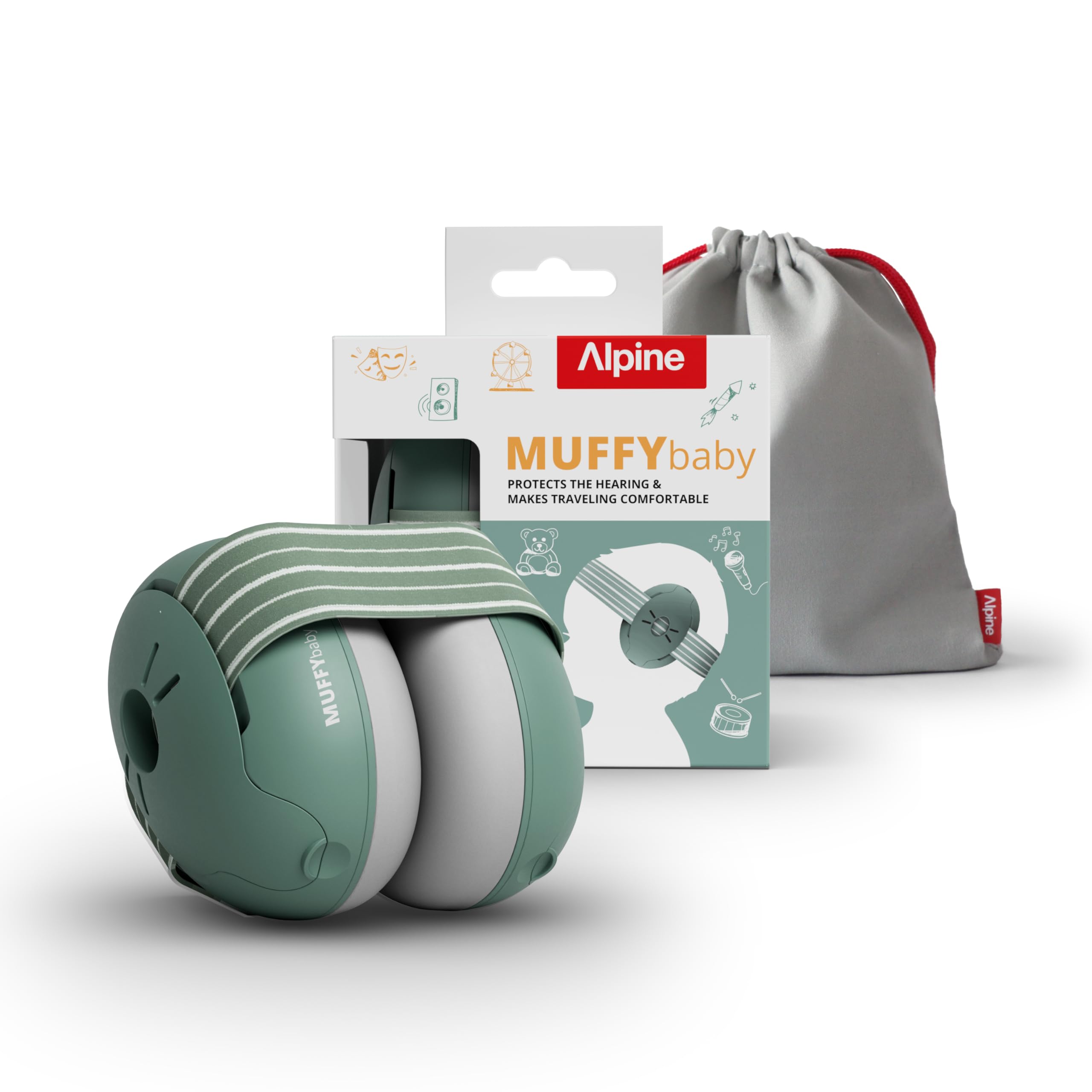 Alpine Muffy Baby - Cuffie antirumore per neonati e bambini piccoli fino a 36 mesi - Protettori acustici per neonati - Previene i danni dell’udito - Migliora il sonno in viaggio - Verde Salvia