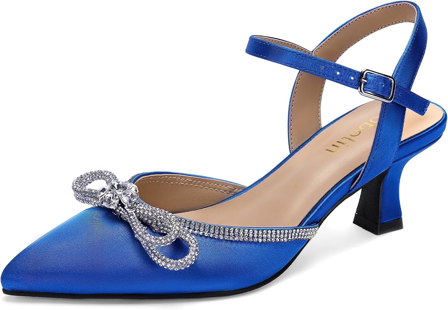 DOBOLIN Wide Width Kitten Heels for Women Rhinestone Bow Pointed Closed Toe Pumps Ankle Strap Wedding Bridal Party Dress Shoes