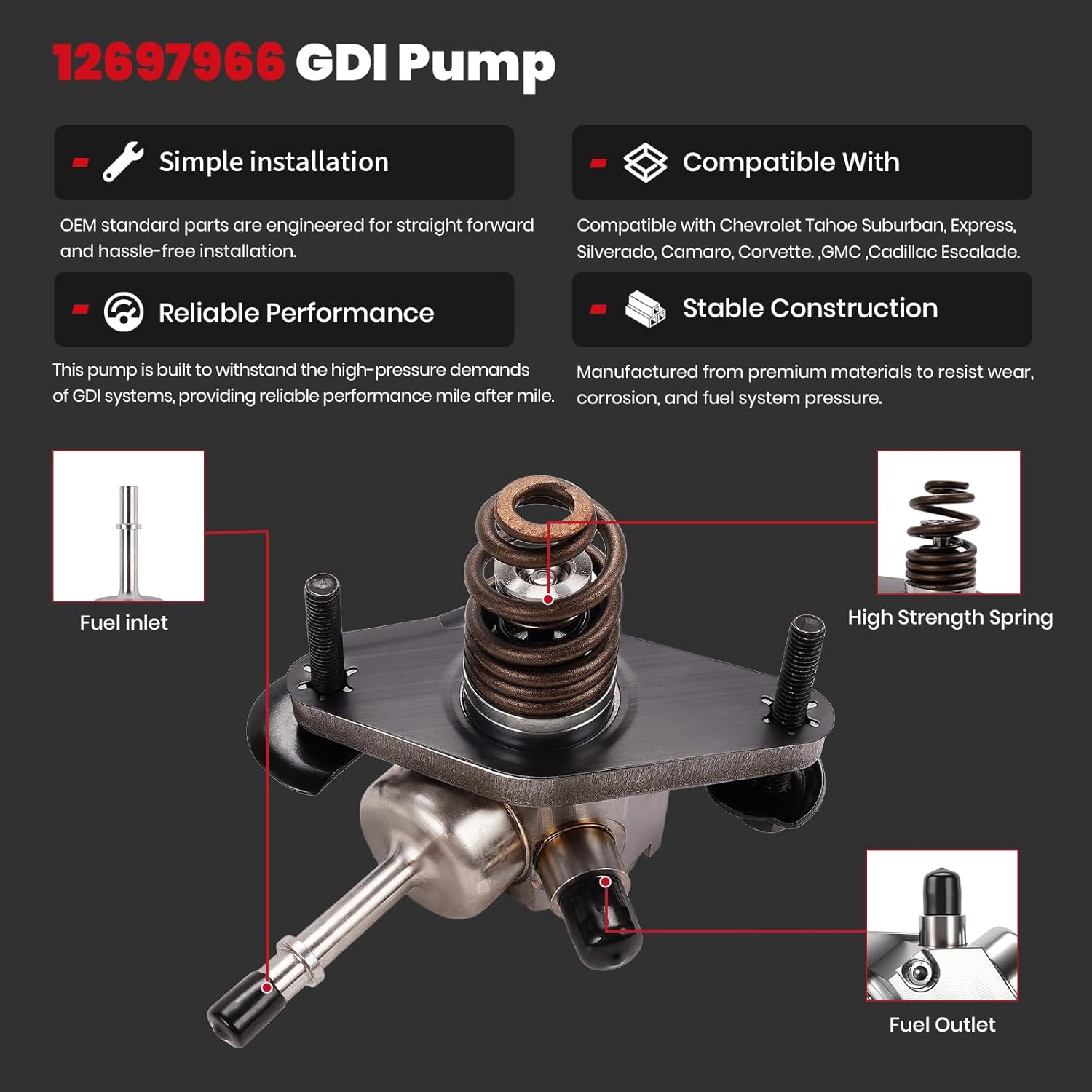 GDI High Pressure Fuel Pump fits for 2014-2020 Chevrolet Silverado Suburban Tahoe Camaro Corvette Express 1500 2500 3500 & GMC Sierra Yukon XL Replacement 12697966 12688606