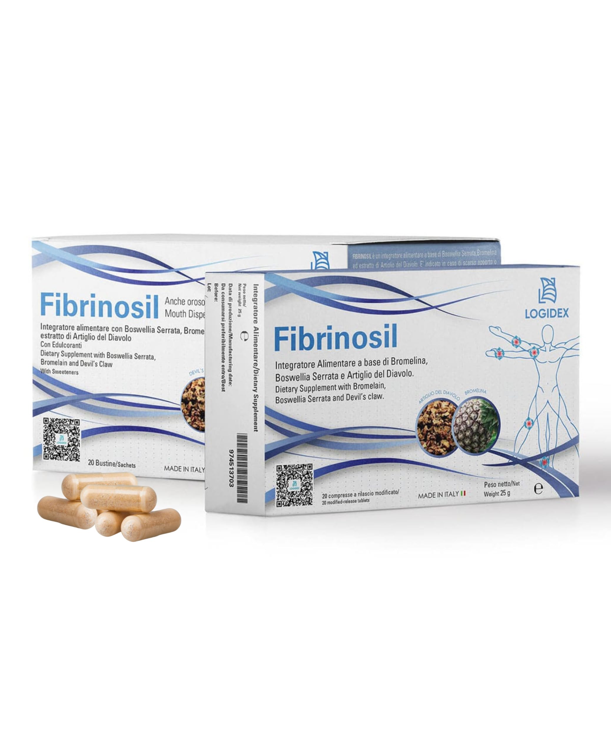 Fibrinosil - Integratore Antinfiammatorio Naturale Dolori Articolari e Muscolari con Artiglio del Diavolo Forte, Bromelina e Boswellia, Miorilassante muscolare – 20 Compresse – Logidex