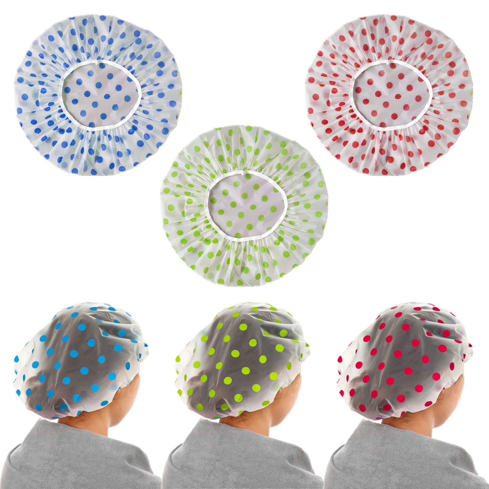 Waterproof Shower Cap, Reusable Shower Bath Caps, Elastic Band Bathing Shower Hair Caps, Coloured Polka-dot Plastic Caps