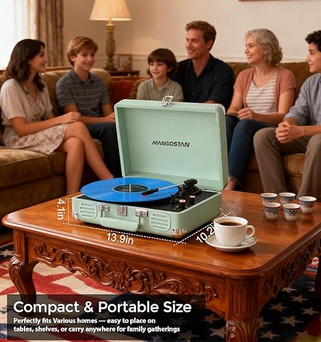 Miniatura 5 de Reproductor de discos de vinilo Bluetooth, tocadiscos portátil de 3 velocidades con altavoces de graves integrados, reproductor LP de maleta