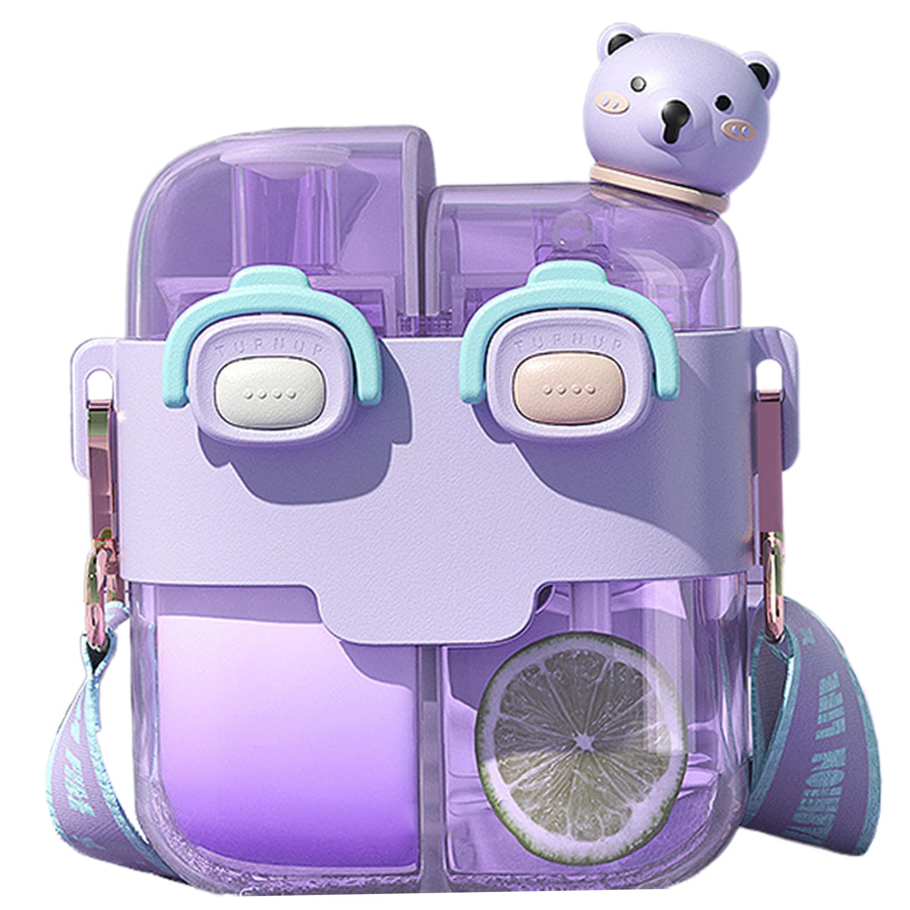 YQNISCU Cute Water Bottle, Kawaii Bottle Dual Chamber with Straw & Strap Lock 530ml Portable Leakproof for School Sport Travel, Purple -