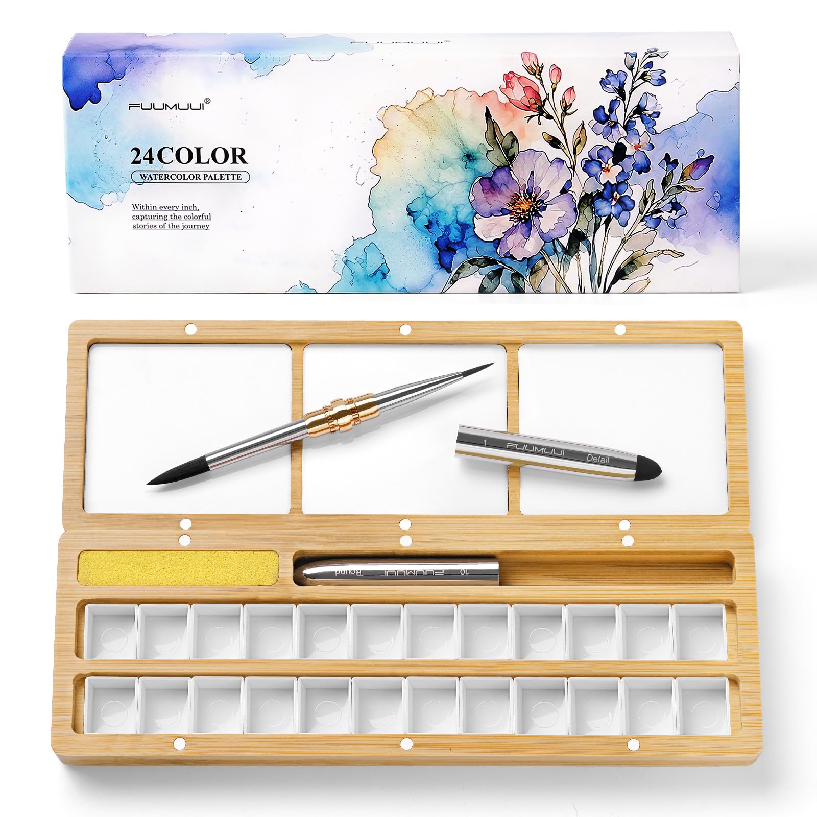 Fuumuui Burlywood Wood Watercolor Palette Set, Magnetic Paint Box with 24 Half-Pans, Detachable Lid with 3 Mixing Areas, Sponge & Dual-Tip Travel Brush – Empty Artist Paint Case