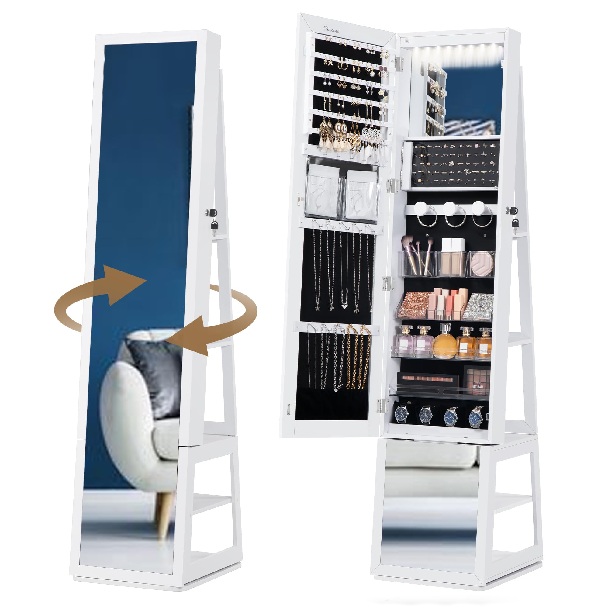 Hzuaneri Hzuaneri Armario Joyero 16 LEDs, 160cm Organizador de Pie para Joyas con Base Giratoria de 360°, Espejo de Cuerpo Completo con Cerradura, Blanco y Negro JC16003B