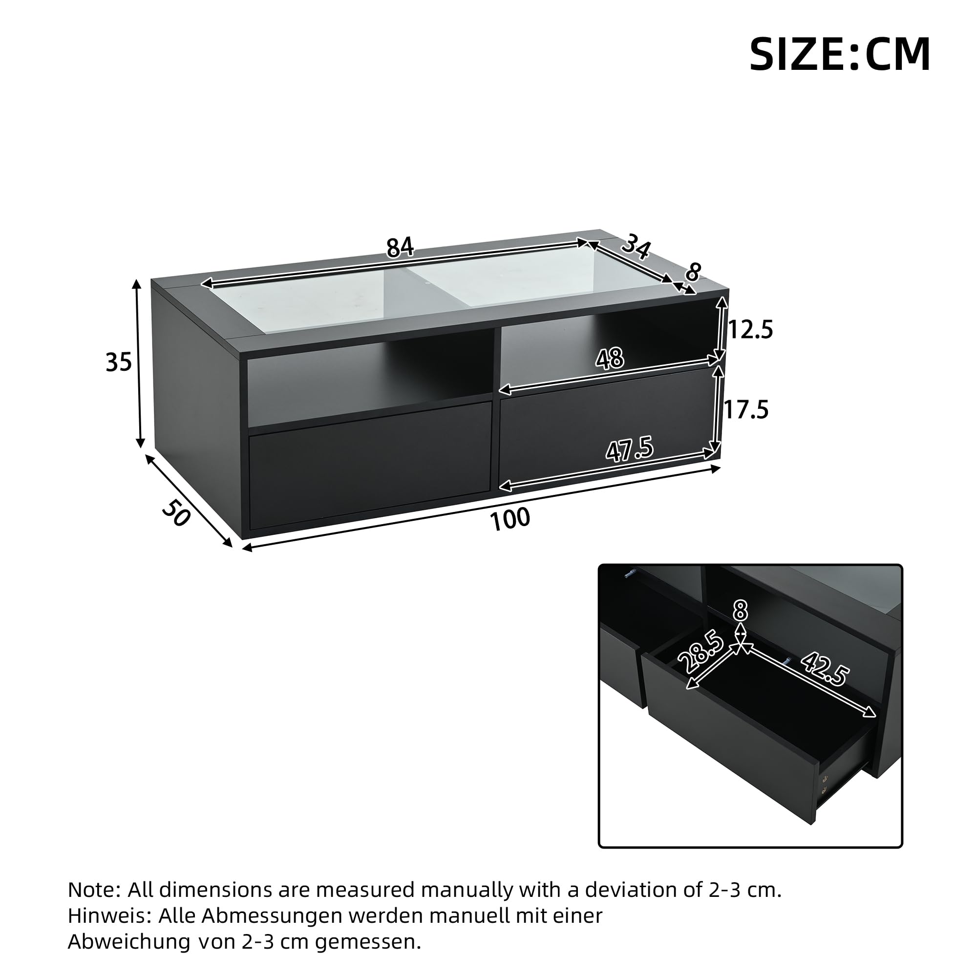 100 x 50 x 35 cm stolik kawowy z oświetleniem LED, sofa z 2 szufladami, stolik do salonu ze szkła, dwuwarstwowy design, otwarte miejsce do przechowywania, stolik pomocniczy, czarny