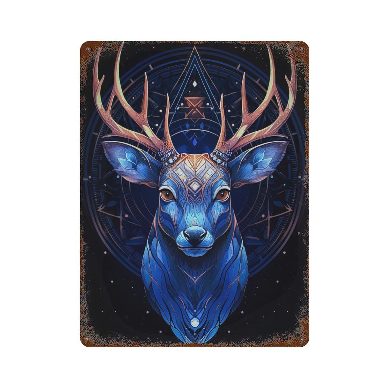 Vintage Rust Metal Sign with Blue Deer with Geometric Design 15.7"x11.8", for Shed, Workshop And Garage Wall Decor, Retro Wall Decor